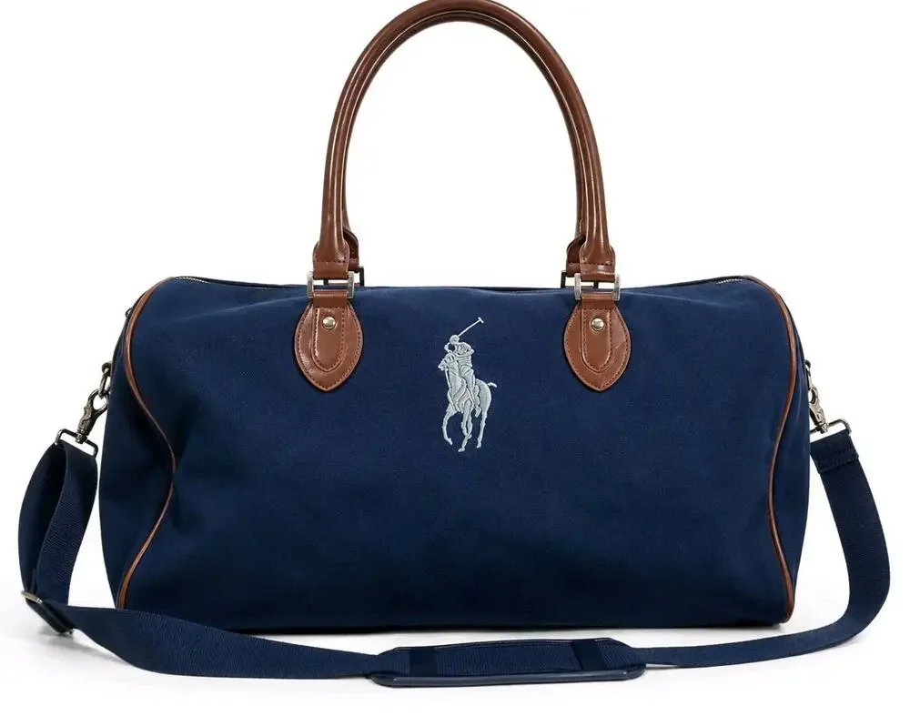 Vtg Polo Ralph Lauren Big Pony Canvas Overnight Weekender Duffle Bag Blue Brown